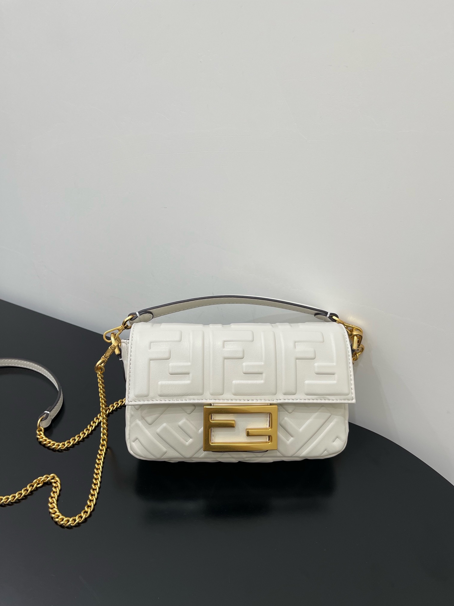 Fendi Mini Baguette Nappa Leather 3D-effect FF Shoulder Bag White